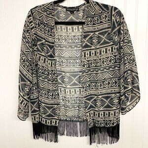Living Doll Bohemian Aztec Print Cardigan Sz S/M Duster Kimono Swim Cover Fringe